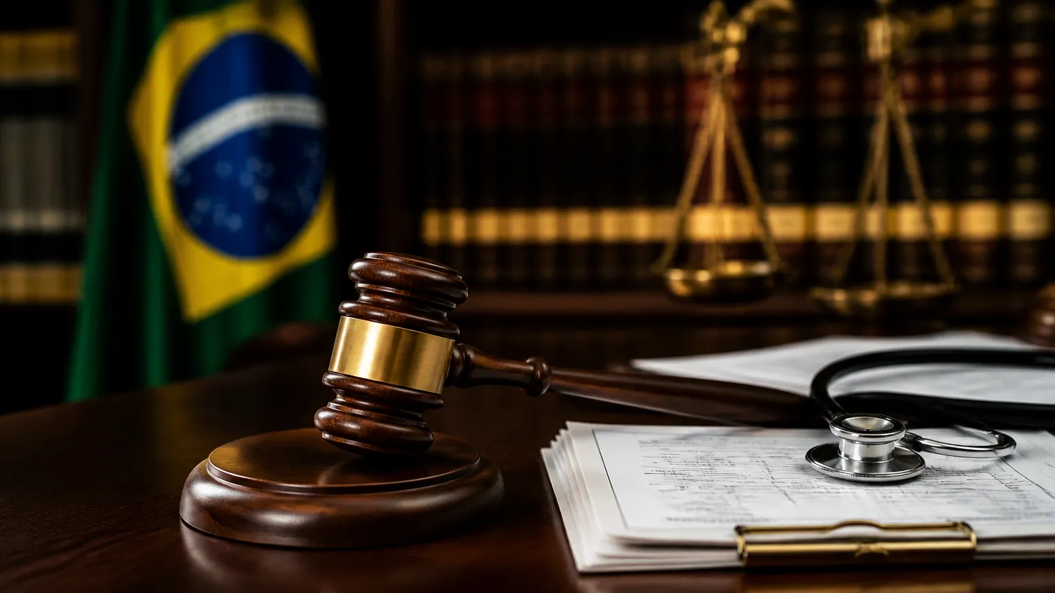 Martelo da justiça e documentos médicos representando ação de liminar contra plano de saúde em São Carlos.