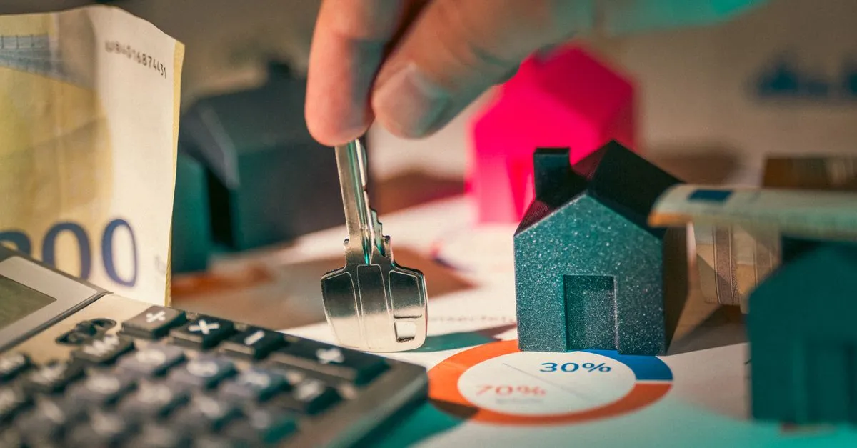 Mão calculando retorno de investimento em financiamento de imóvel para aluguel, com miniatura de casa.