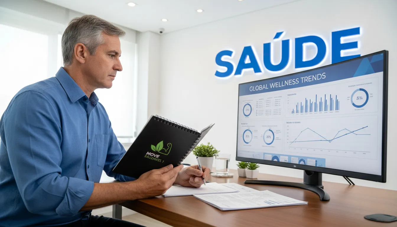 Homem analisando dados de saúde e nutrição em um computador, com um notebook da Move Saudável 1. Entenda o magnésio e para que serve.