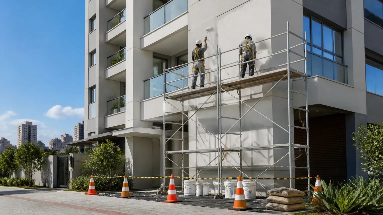 Obras estruturais viabilizadas por financiamento de despesas extraordinárias condominiais em edifício.