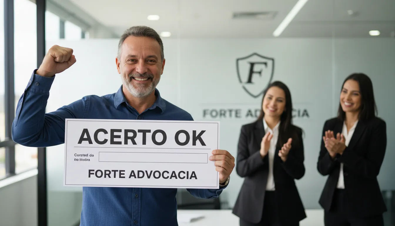Imagem realista de um trabalhador feliz recebendo um cheque de acerto trabalhista, comemorando a conquista e o resultado positivo do processo legal.