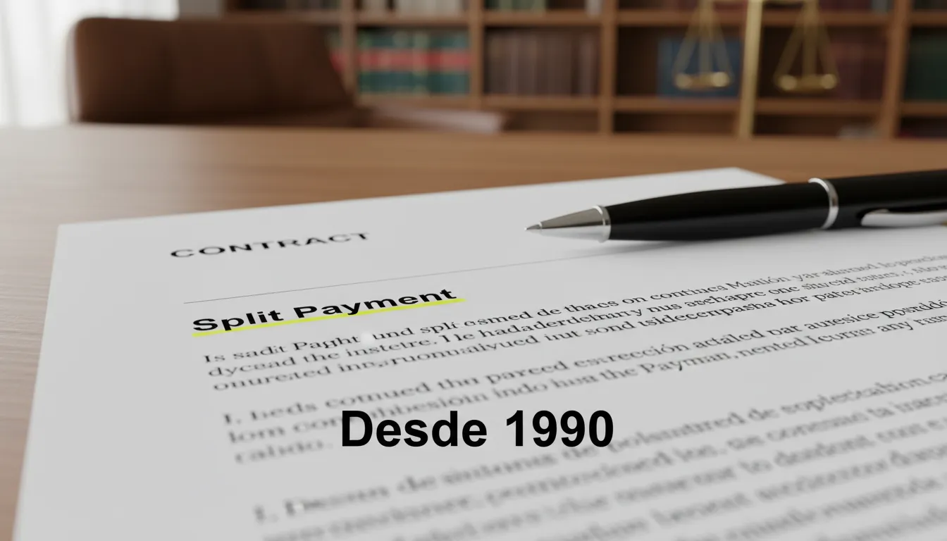 Um close-up de um contrato com 'Split Payment' destacado, representando a expertise da Marquesini Advocacia na estruturação de pagamentos.