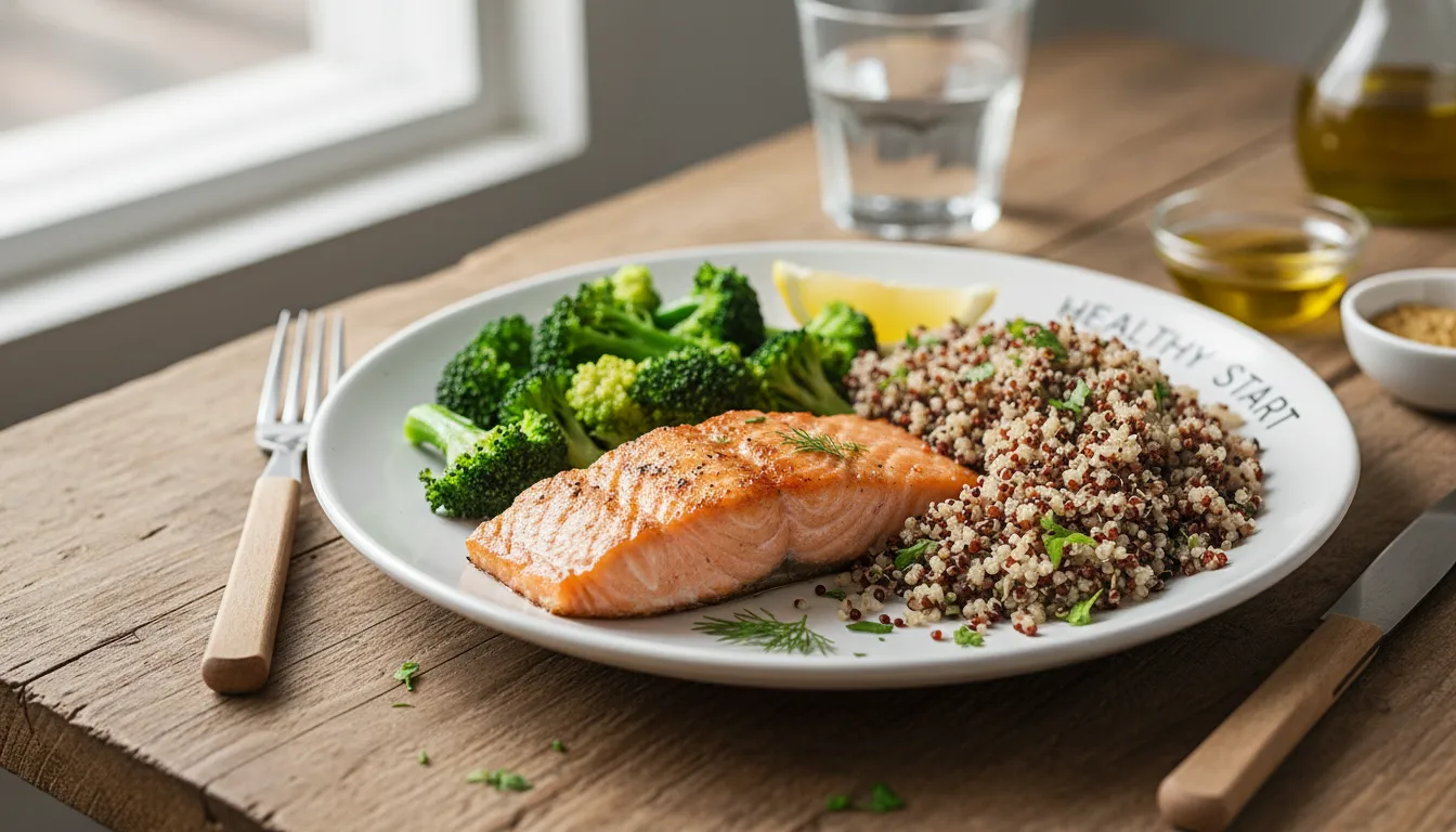 Un plato equilibrado con salmón, brócoli y quinoa, una opción nutritiva de alimentación saludable para principiantes que buscan comidas sencillas.