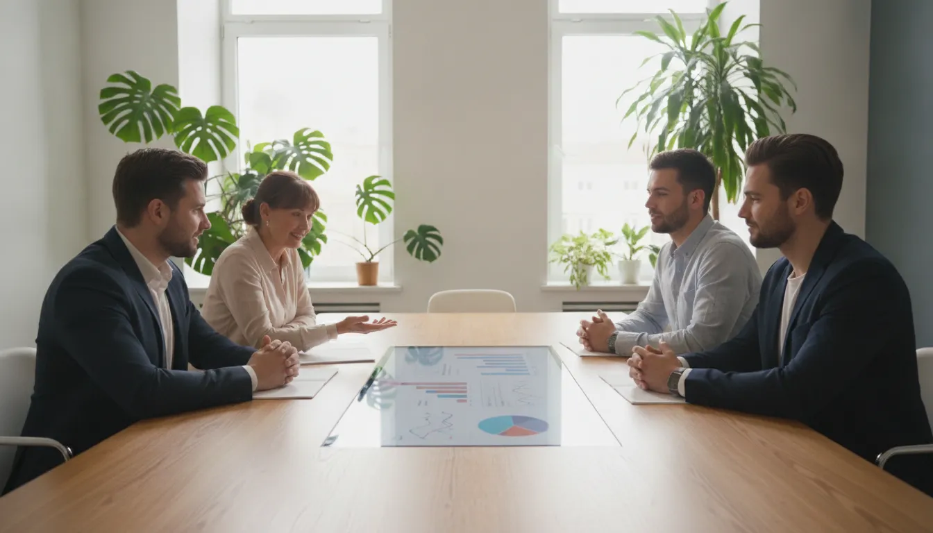 Consultor financeiro explicando opções de empréstimos, ajudando a ganhar dinheiro e planejar o futuro.