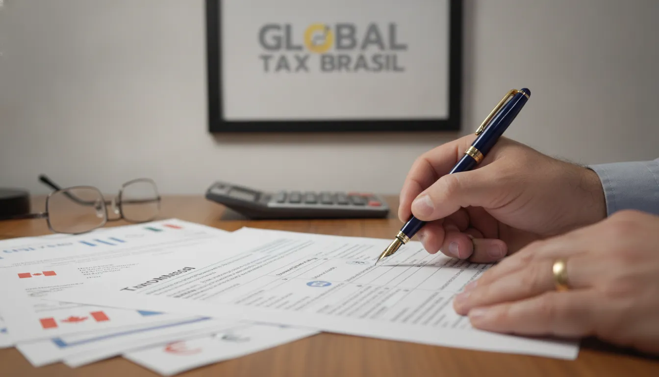 Mão preenche formulário de imposto internacional com caneta, detalhando empresa exterior tributação.