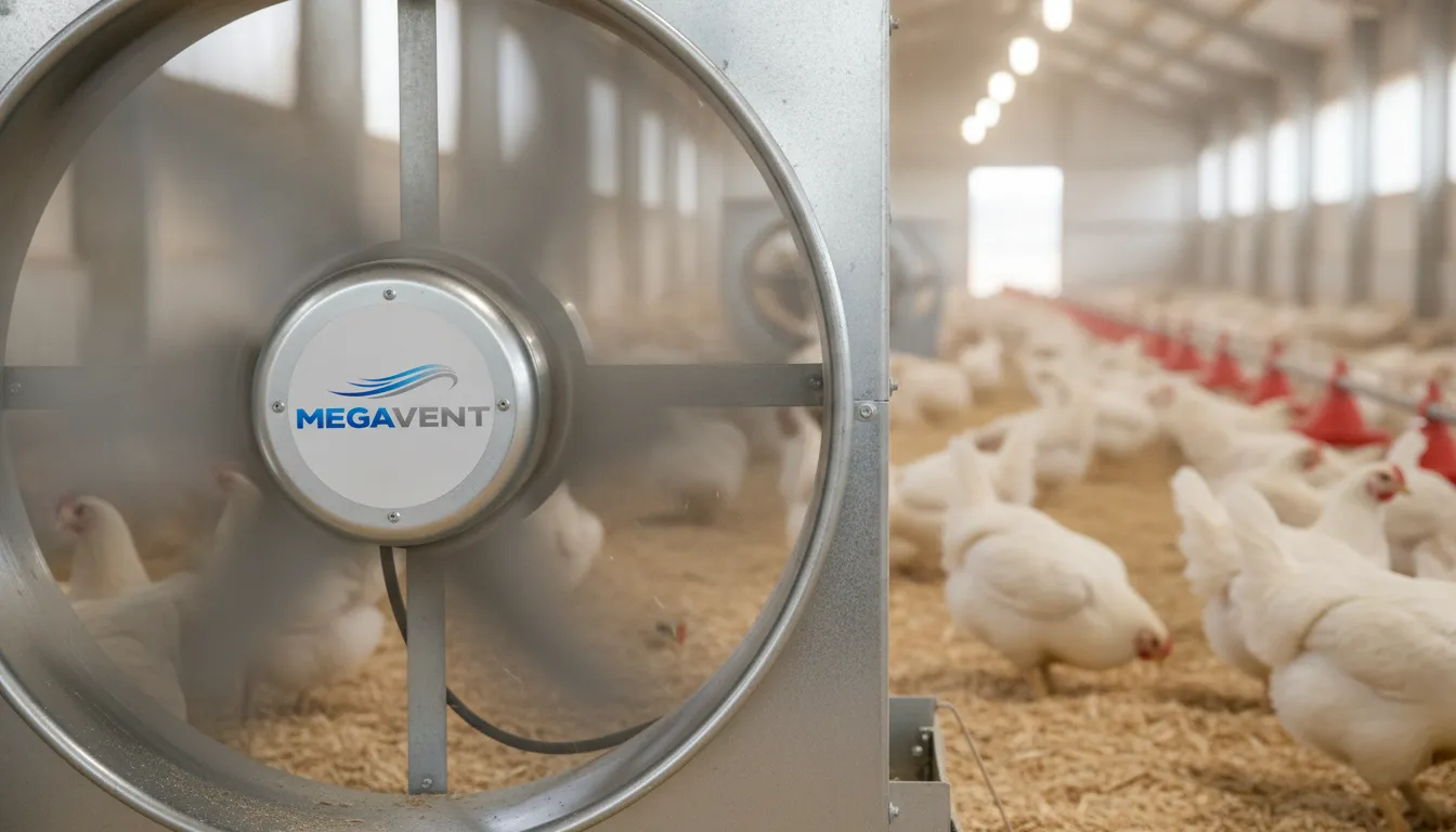 Ventilador industrial MegaVent em operação, essencial para ventilação para aviário, garantindo ar fresco.