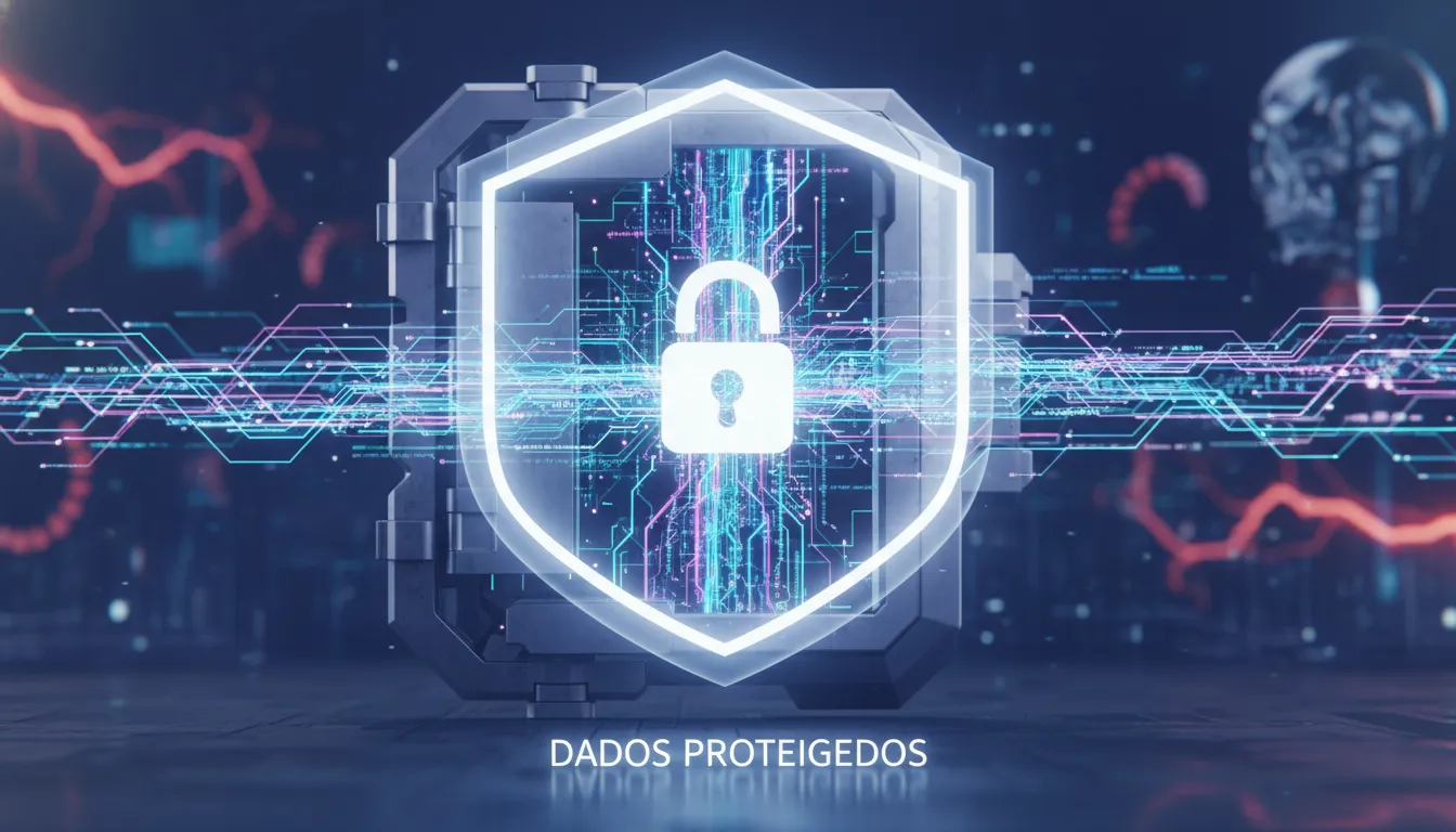 Fluxo de dados digitais protegidos por um robusto escudo de segurança, destacando a importância da política de privacidade.