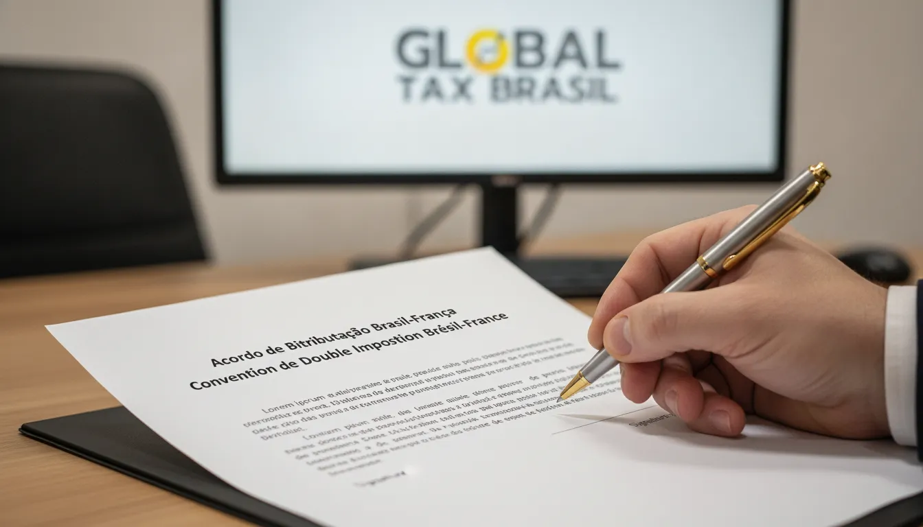 Documento oficial 'Acordo de Bitributação Brasil-França' com caneta. Detalhe da complexidade fiscal entre países.