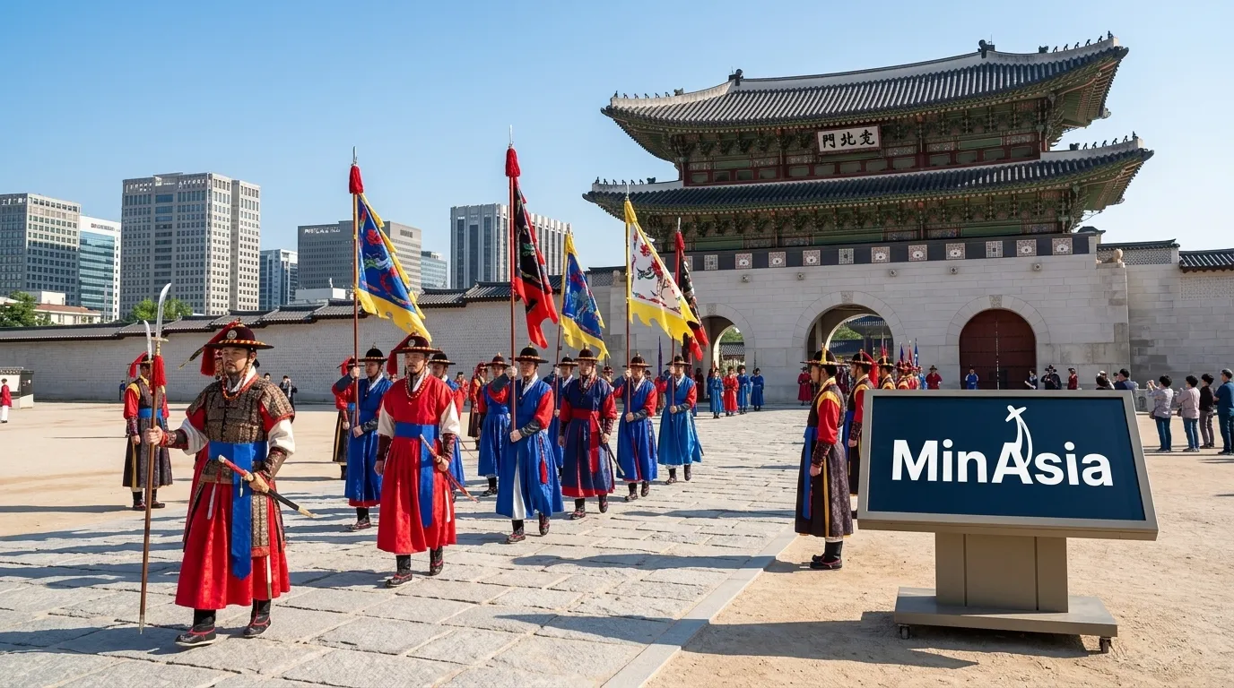 Cerimônia de troca da guarda no portão do palácio gyeongbokgung em Seul.