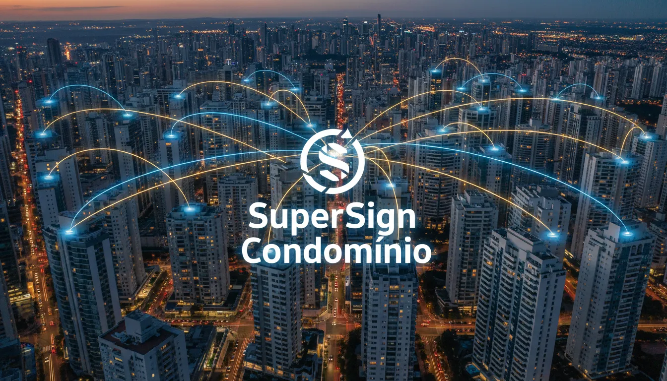 Visão aérea de um skyline urbano com prédios de condomínio conectados digitalmente, representando a eficiência da assinatura digital para condomínio na gestão de documentos e contratos.