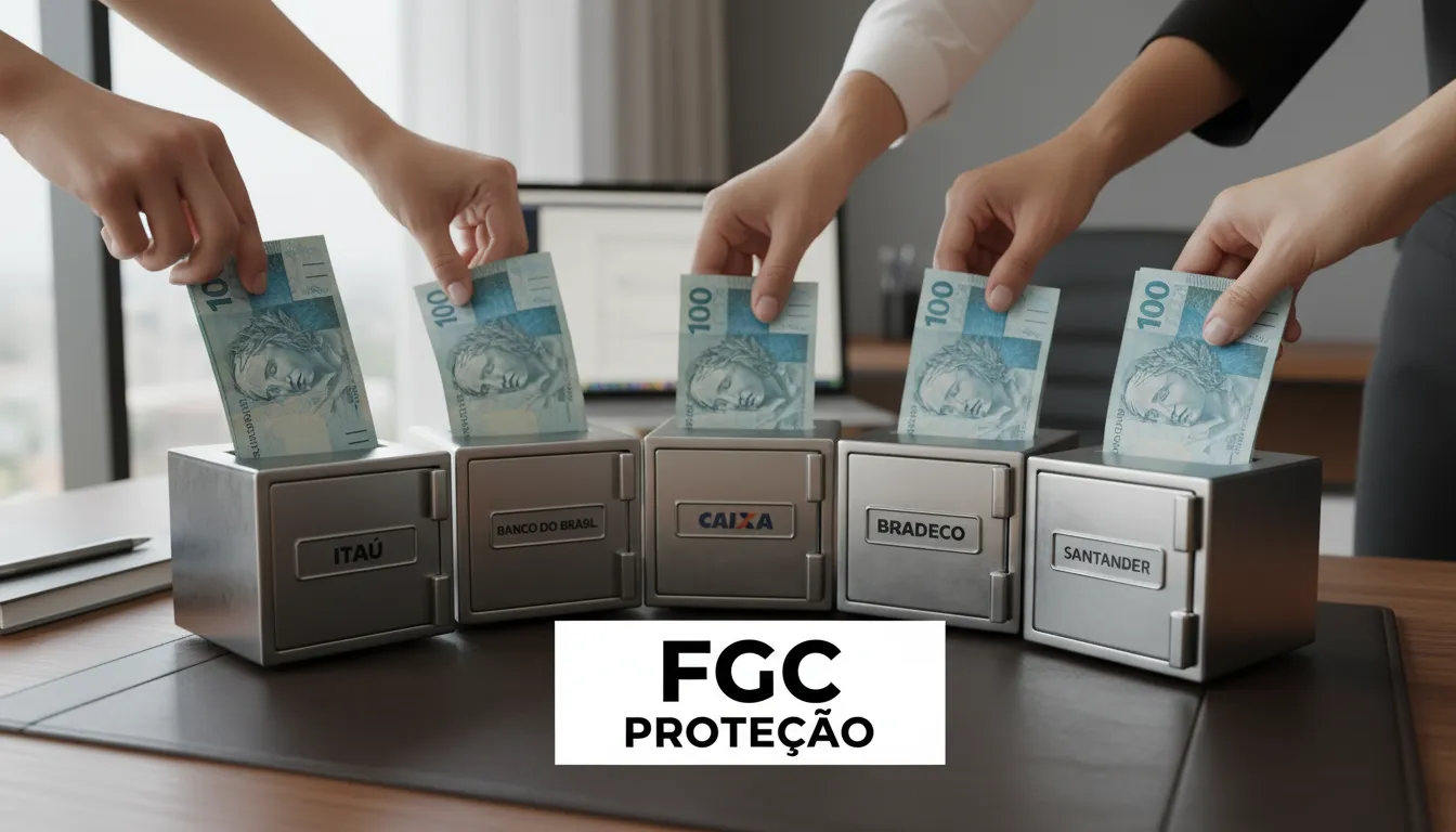 Mãos diversificando aplicações em diferentes bancos para segurança financeira via FGC.