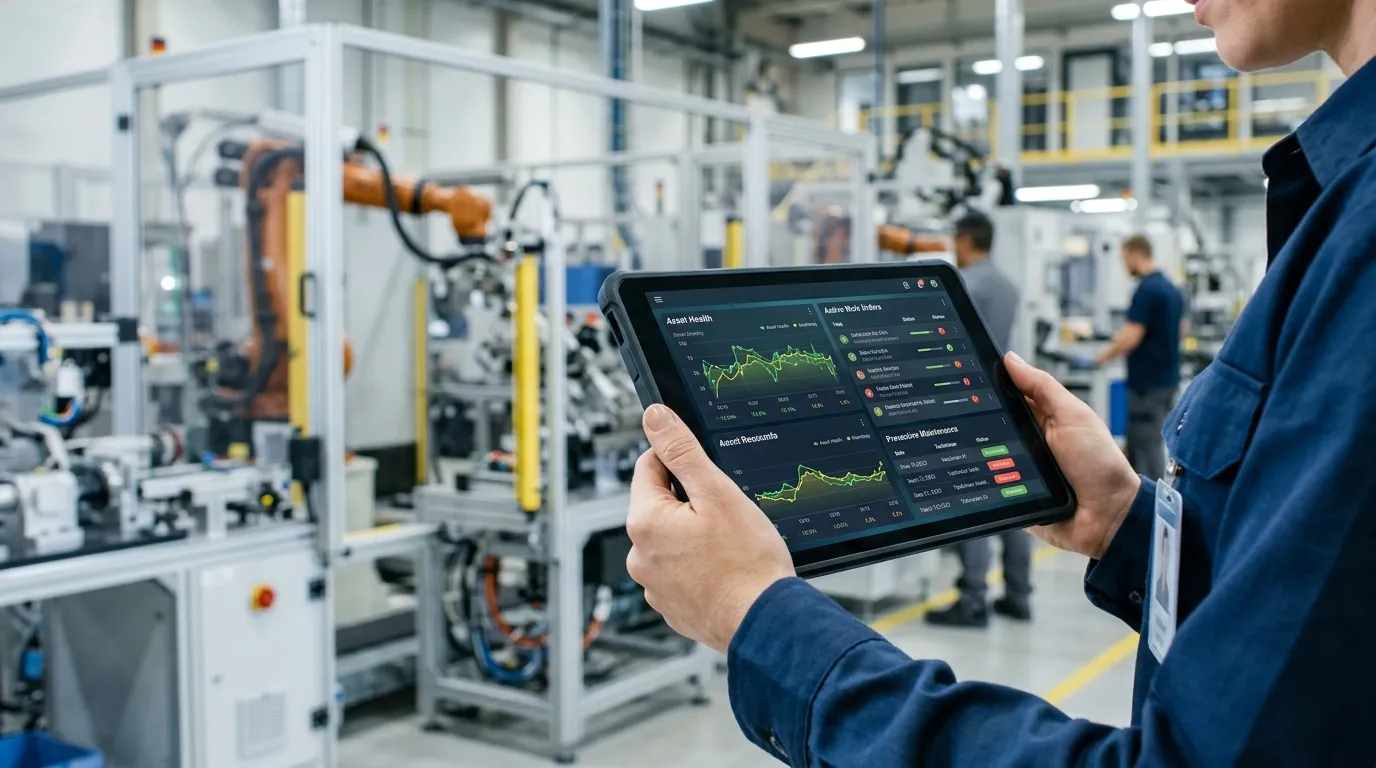 Tablet exibe tela de software para manutenção rodando acima do seu ERP em uma fábrica moderna.