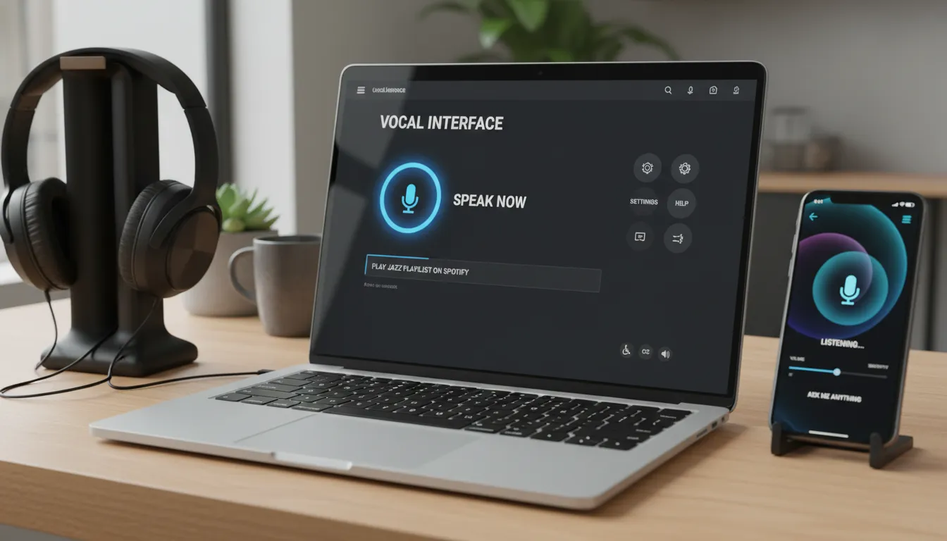 Como Adaptar Textos do Site para Experiências de Voz e Leitura em Voz Alta 2 Mesa moderna com notebook exibindo site adaptado para voz e ícones de acessibilidade visíveis