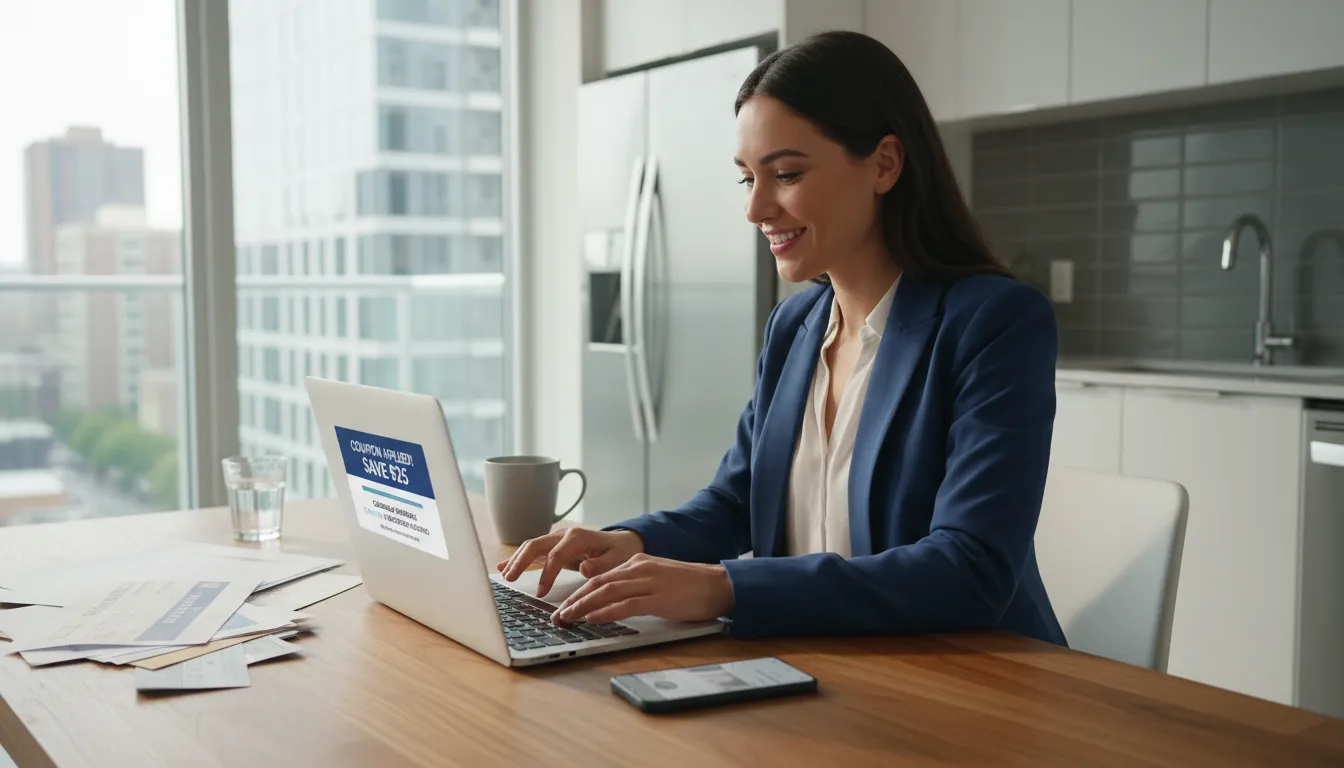 Profissional aplicando cupom online e acompanhando recompensas de cashback em casa