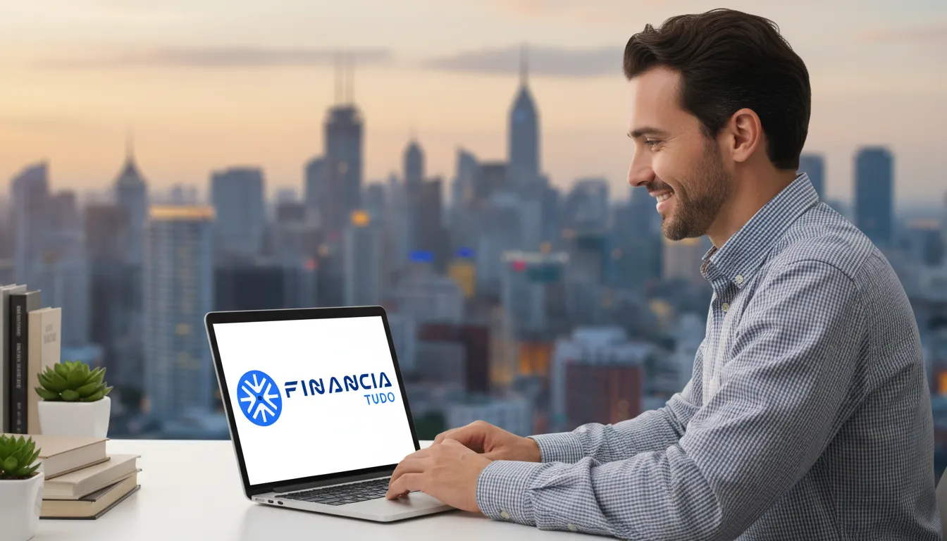Pessoa confiante faz planejamento financeiro com home equity usando laptop e a plataforma Financia Tudo.