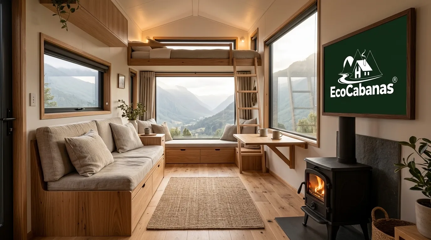 Interior minimalista de uma aconchegante tiny house com vista