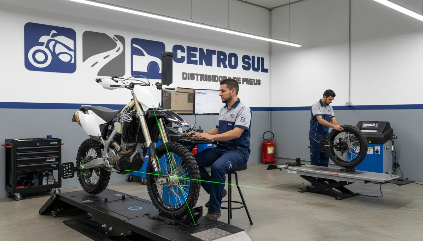 Serviços Centro Sul: Geometria 3D e balanceamento profissional para pneu de moto trilha em Porto Alegre.