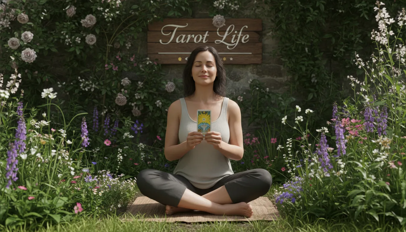 5 Dicas de Como o Tarot pode revolucionar sua vida pessoal, Descubra! Mulher serena meditando em um jardim com uma carta de tarot na mão, representando a jornada pessoal com o tarot e o potencial de revolucionar a vida.
