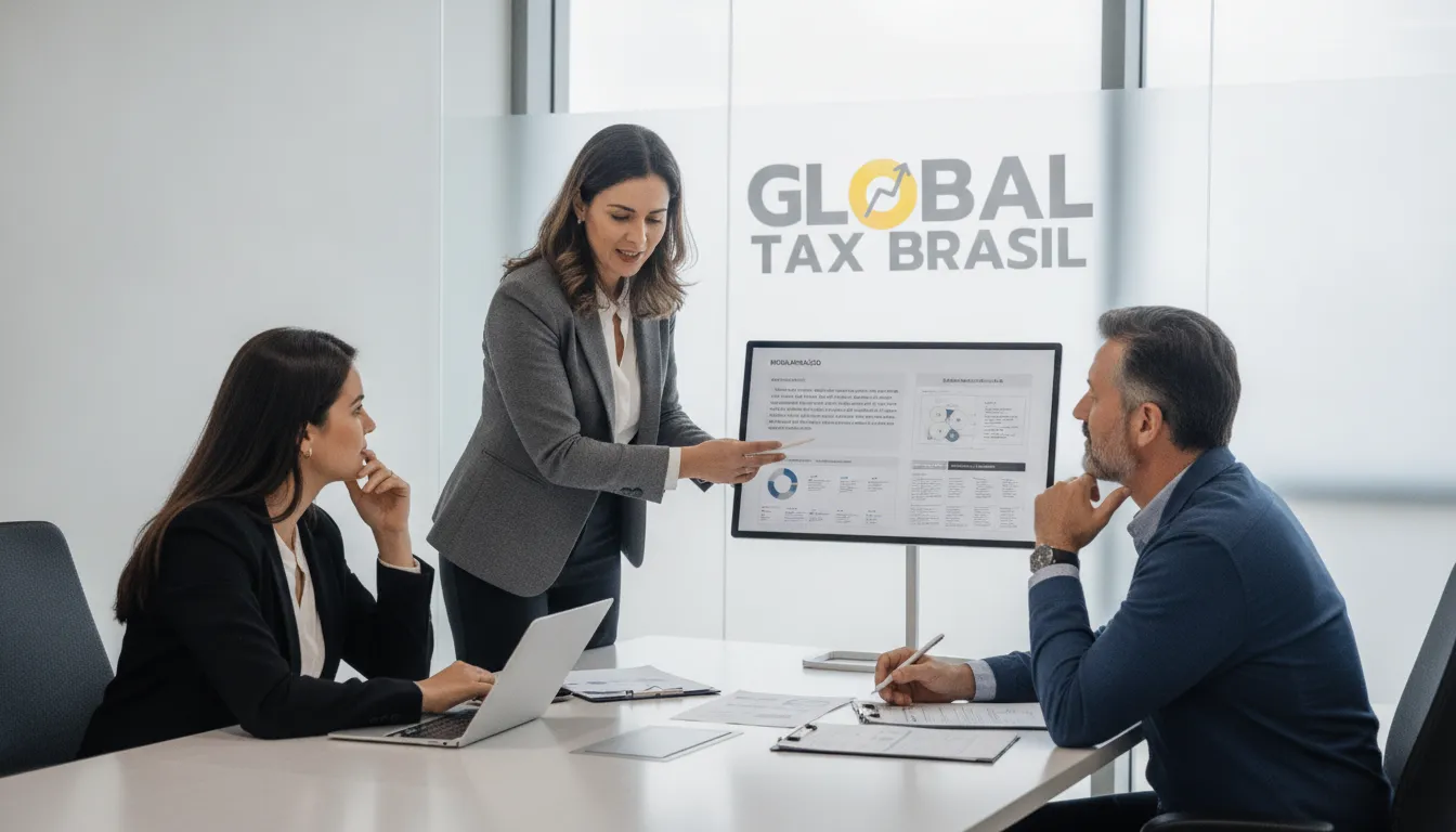 Consultores Global Tax Brasil explicando regularização fiscal e bitributação a clientes. Soluções tributárias.