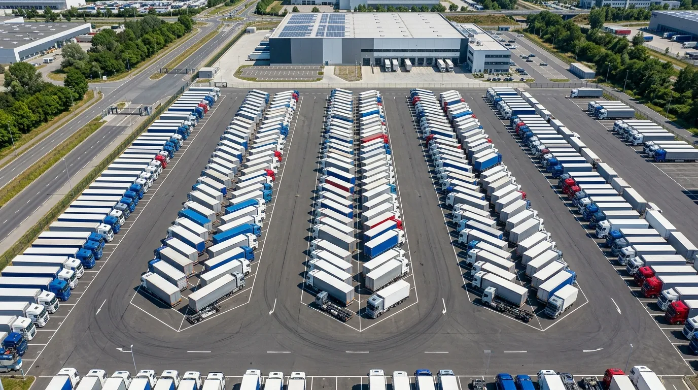 Frota de veículos comerciais organizados aumentando o valor do caminhão para garantia financeira.