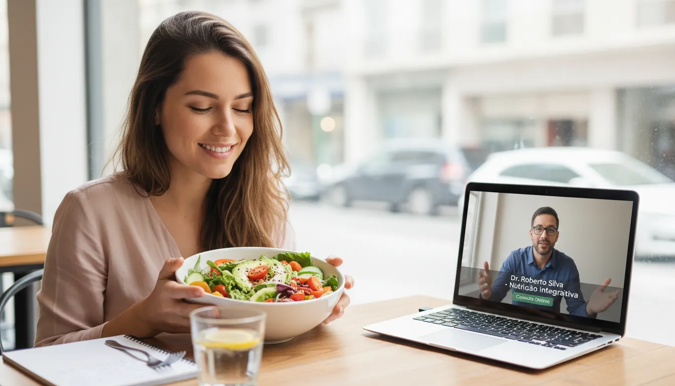 Mulher praticando alimentação consciente enquanto recebe acompanhamento online de nutricionista.