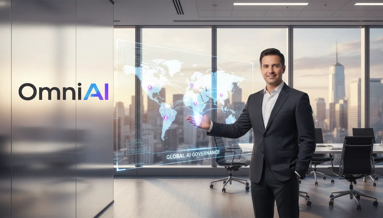 A visionary founder overlooking a global AI-native platform, embodying the limitless service new operating model with unparalleled governance.