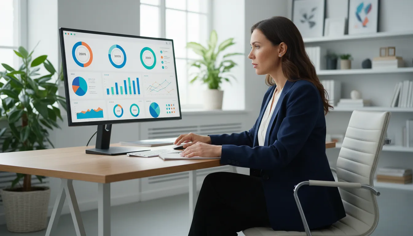 Mulher analisando dashboard de métricas, demonstrando a importância do marketing de eventos baseado em dados para o sucesso de clínicas de bem-estar.