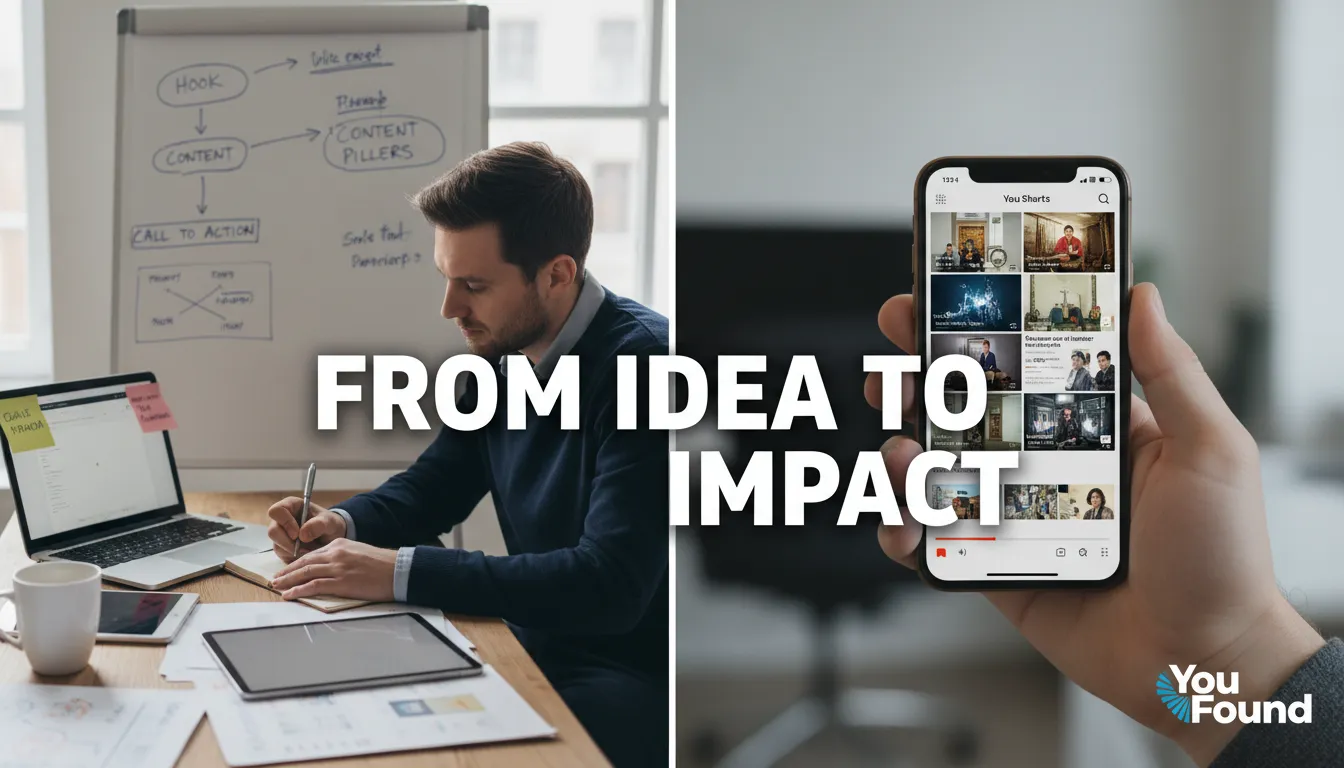 Imagem mostrando o processo de criação de um shorts youtube, desde o planejamento até a reprodução no smartphone, destacando o impacto do conteúdo.
