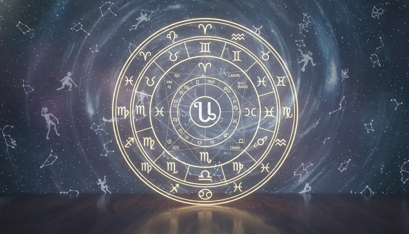 Ilustração detalhada de um mapa astral completo com símbolos astrológicos, planetas e signos do zodíaco interconectados, sob luz suave.