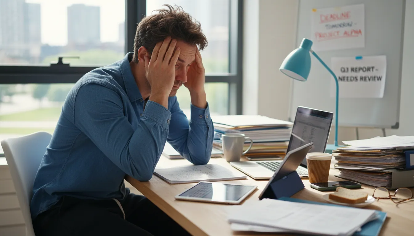 Adulto cansado em escritório doméstico, demonstrando fadiga ao esfregar as têmporas e expressão esgotada.