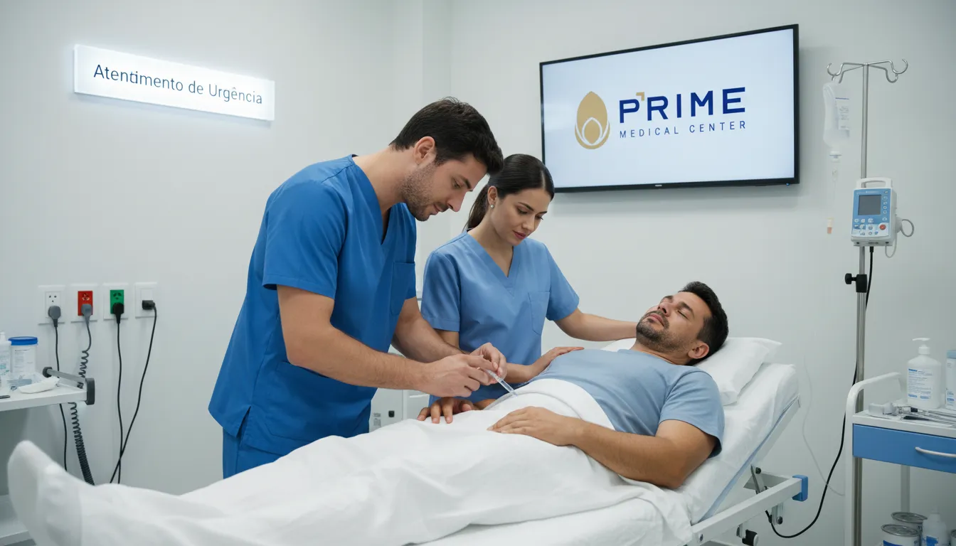 Equipe médica prestando atendimento de urgência e eficiente a um paciente com priapismo em sala de emergência.