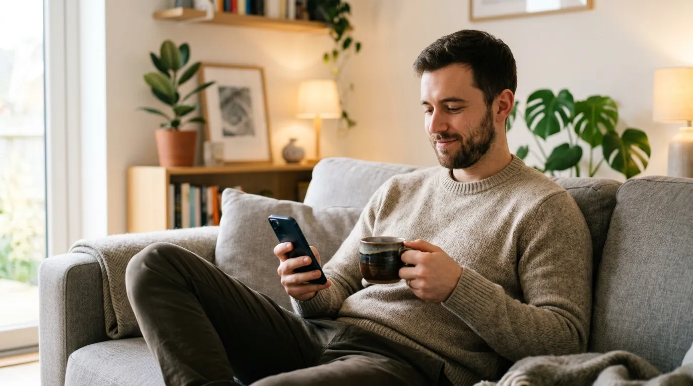 Homem relaxando no sofa apos iniciar terapia online para cuidar da saude mental.