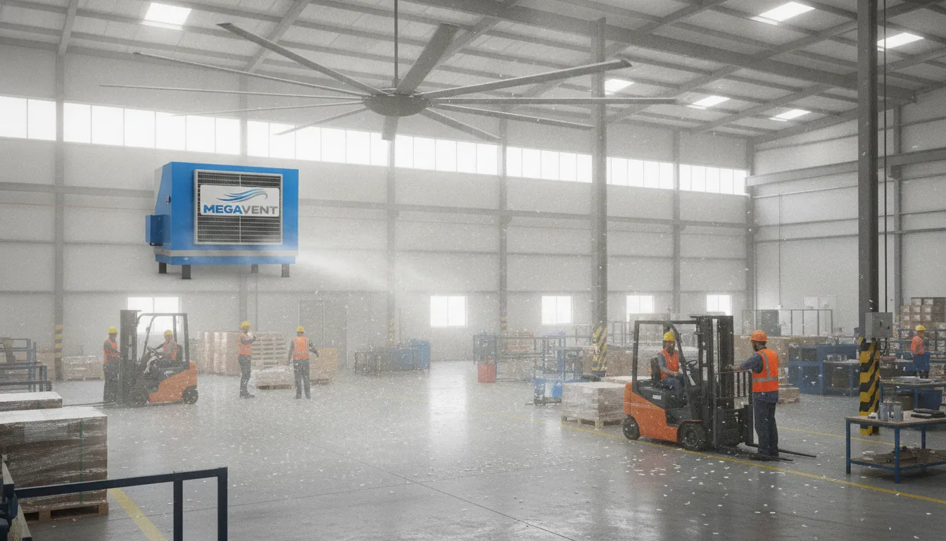 Trabalhadores em galpão com ventilador HVLS e climatizador industrial MegaVent, garantindo conforto térmico.