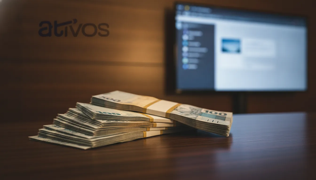 Dinheiro em espécie sobre mesa, com tela digital de transação no fundo. Representa a liquidez da venda de precatório federal.