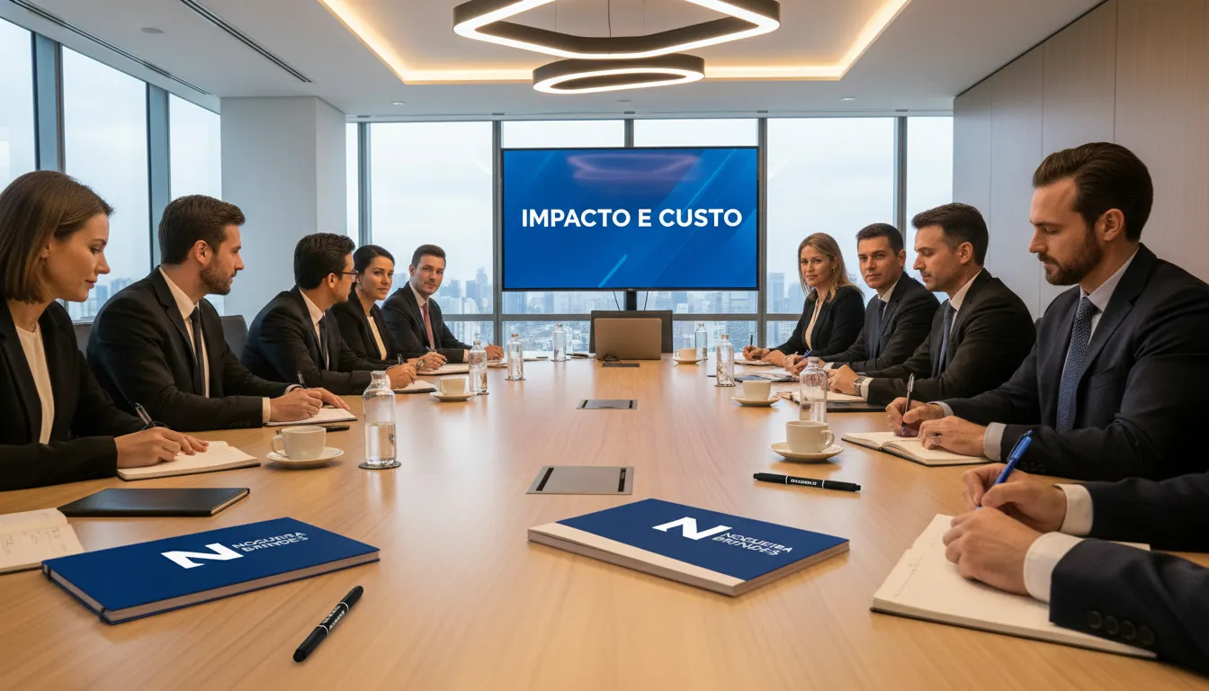 Sala de conferência com participantes usando brindes da Nogueira Brindes, mostrando o impacto de brindes baratos de qualidade.