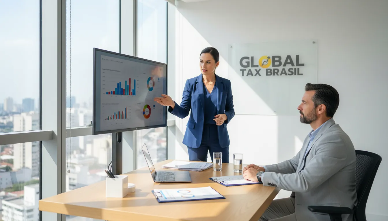 Consultor explicando otimização de investimentos no Brasil morando no exterior, com documentos fiscais e gráficos complexos.