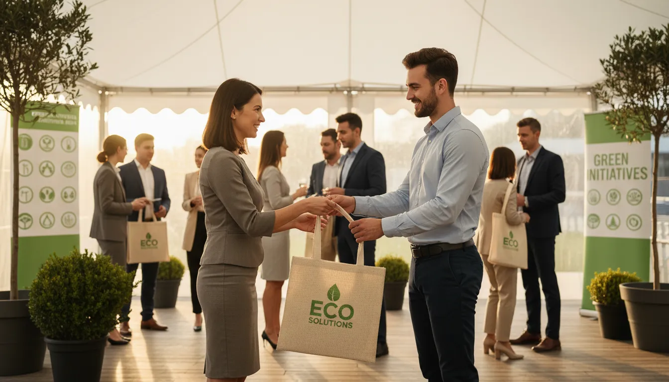 Entrega de sacola ecológica personalizada em evento, envolvendo público e natureza, promovendo marca sustentável.