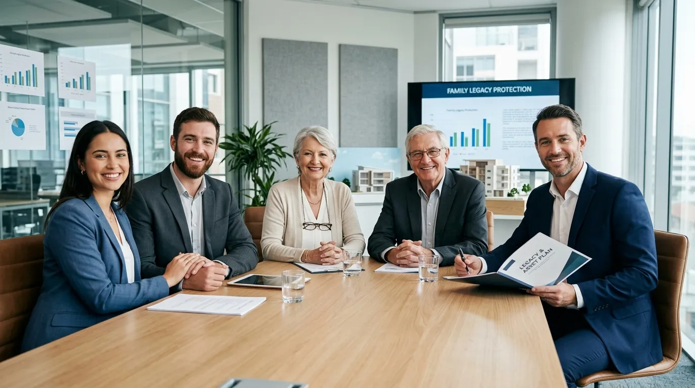 Família reunida com advogado para estruturar holding familiar e planejamento sucessório seguro.