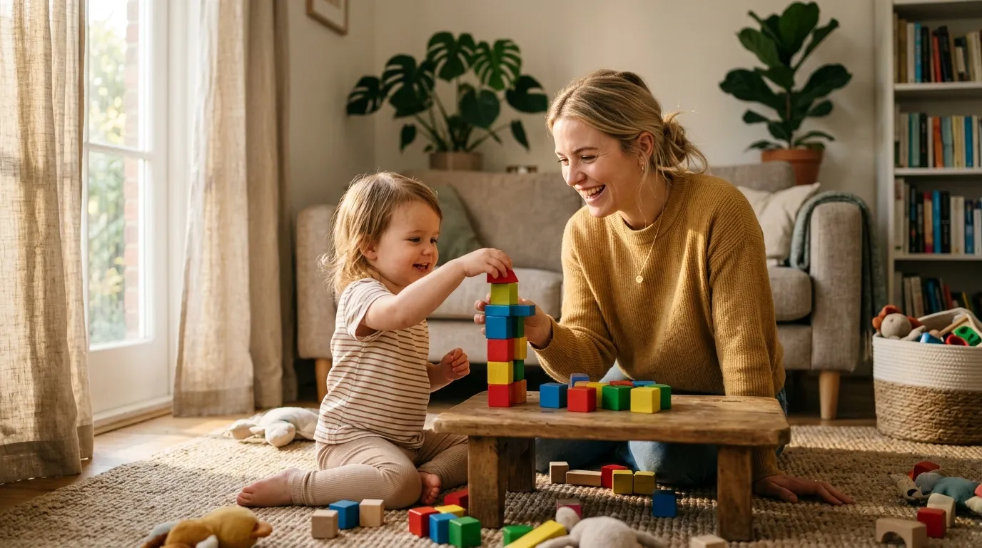 Mãe e filho brincando com blocos reduzindo o tempo de tela para crianças com atividades reais.