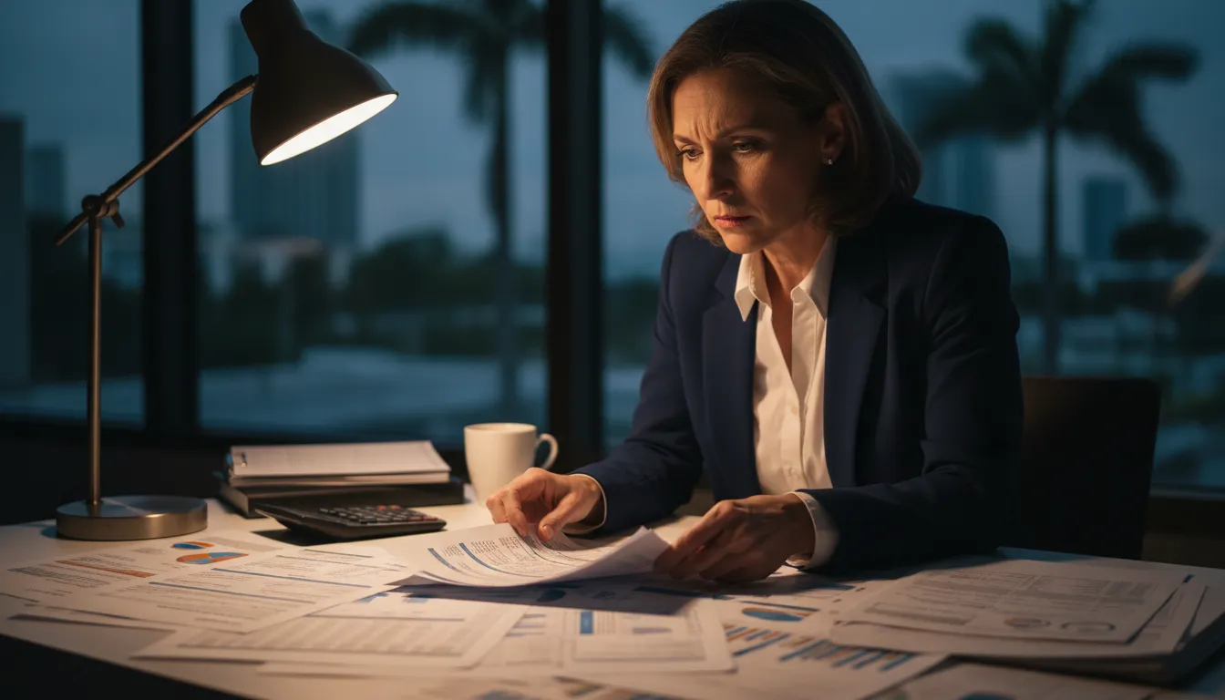 Concerned business owner reviewing tax documents for opening a company in Florida. Close-up, detailed.