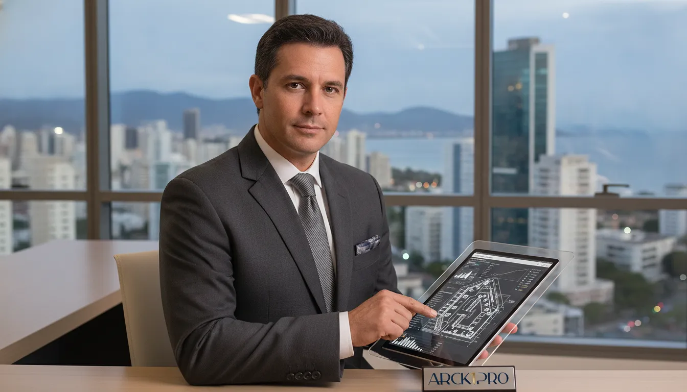 Investidor analisa projeto arquitetônico em tablet, representando investimento imobiliário litoral catarinense com dados concretos.