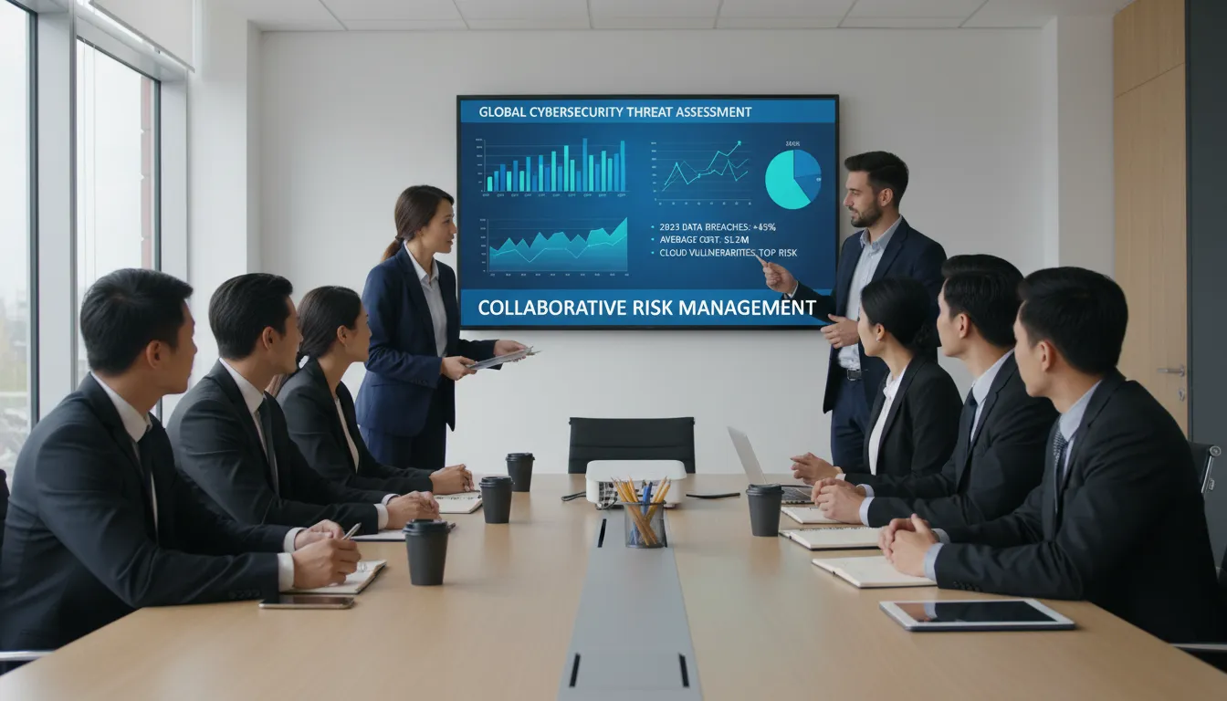Equipe de TI reunida em sala para briefing de segurança, com gráficos digitais projetados ao fundo.