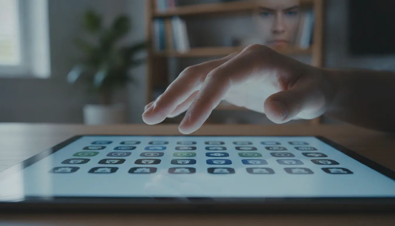 Mão hesita sobre tablet com muitas opções digitais, refletindo infelicidade e sobrecarga de escolhas.