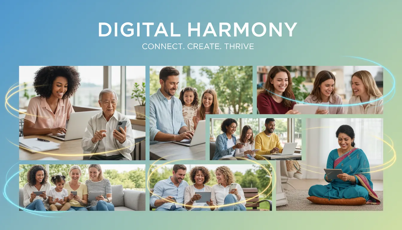 Pessoas de diferentes perfis sentindo-se revitalizadas após sessões de Reiki online, usando tecnologia.