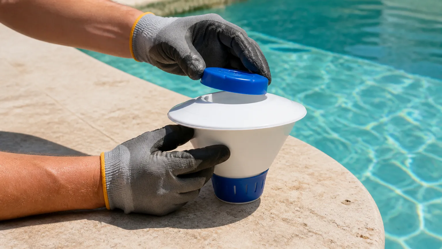 Manuseio correto do clorador flutuante na borda da piscina para reposição de pastilhas.
