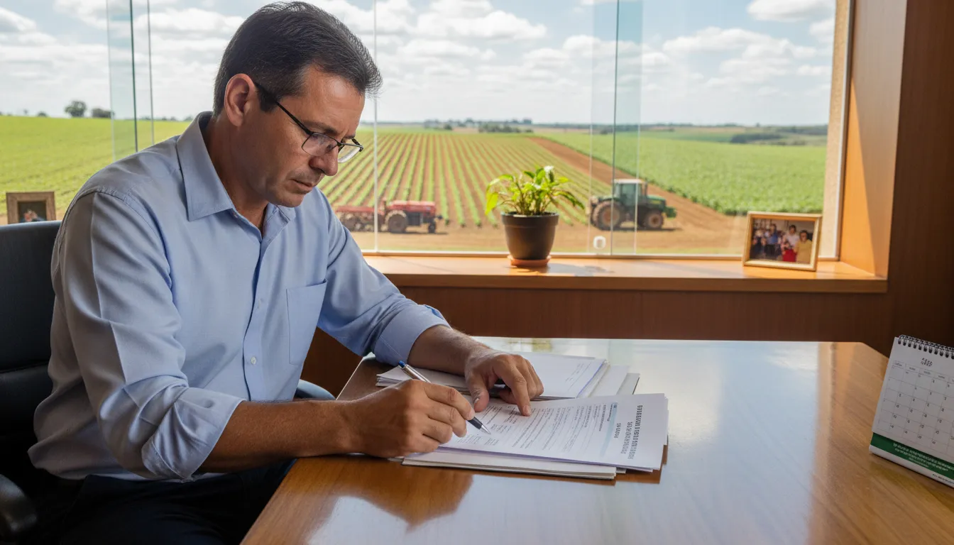 Produtor rural analisando documentos e contratos em escritório com vista para o campo.