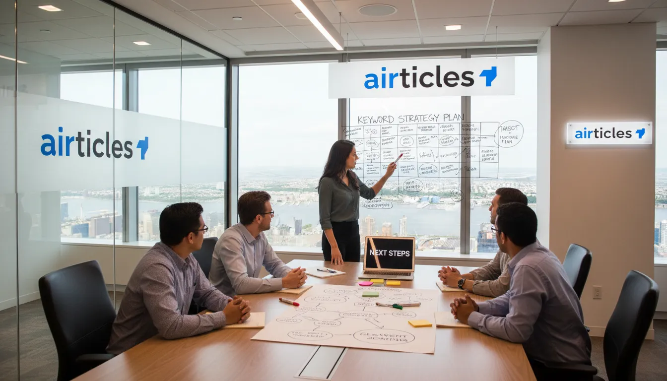A dynamic team meeting focused on keyword research, illustrating strategic planning with Airticles for effective online content.