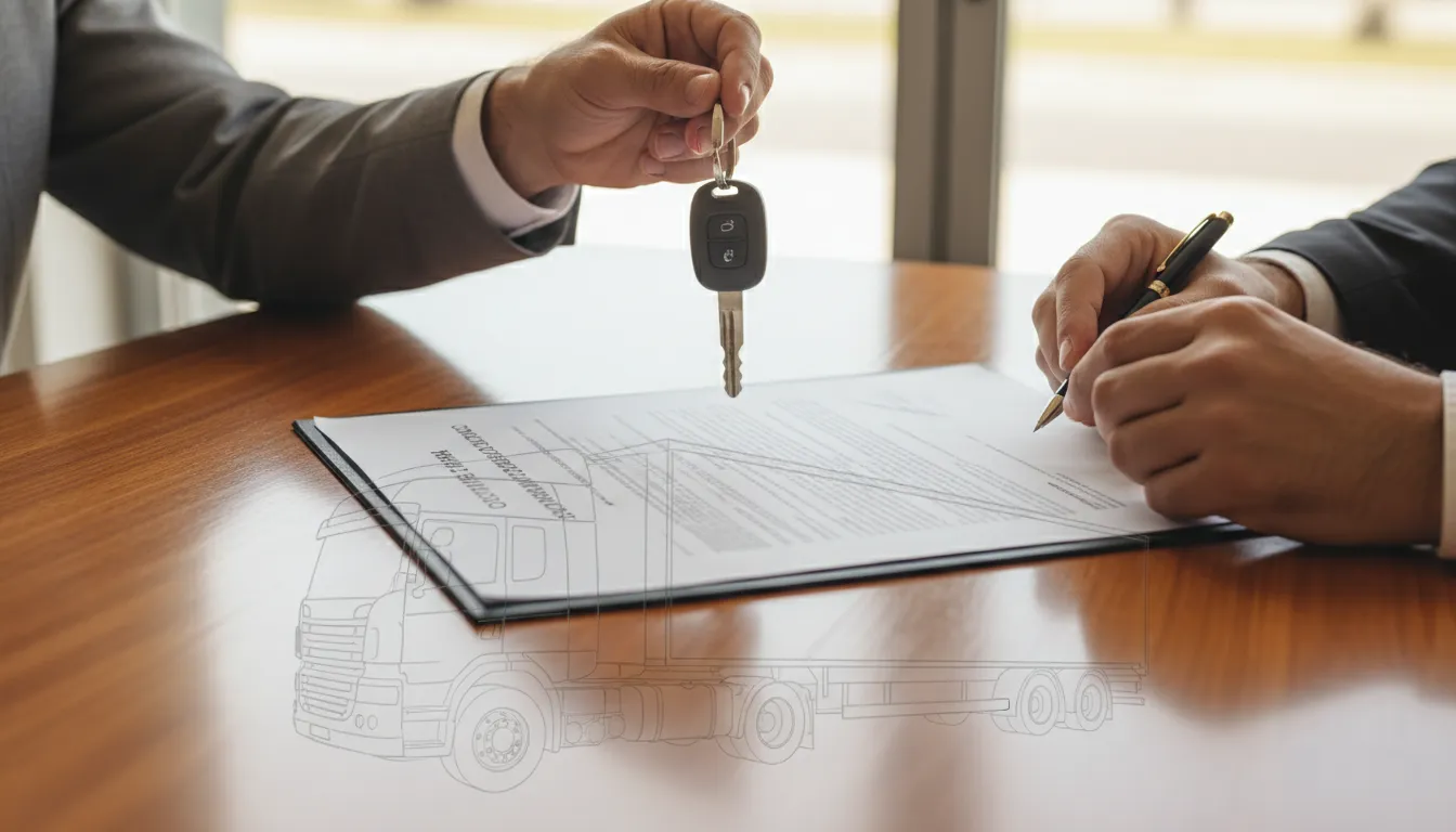 Mãos trocam chaves e assinam contrato com caminhão ao fundo, simbolizando empréstimo com garantia de caminhão.