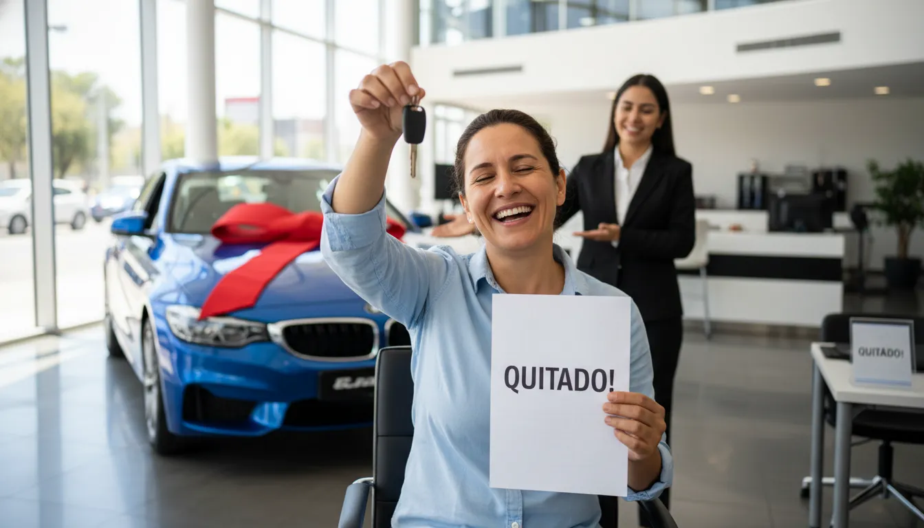 Pessoa recebendo as chaves do carro após refinanciar com sucesso o empréstimo com veículo não quitado, expressando alívio e satisfação.