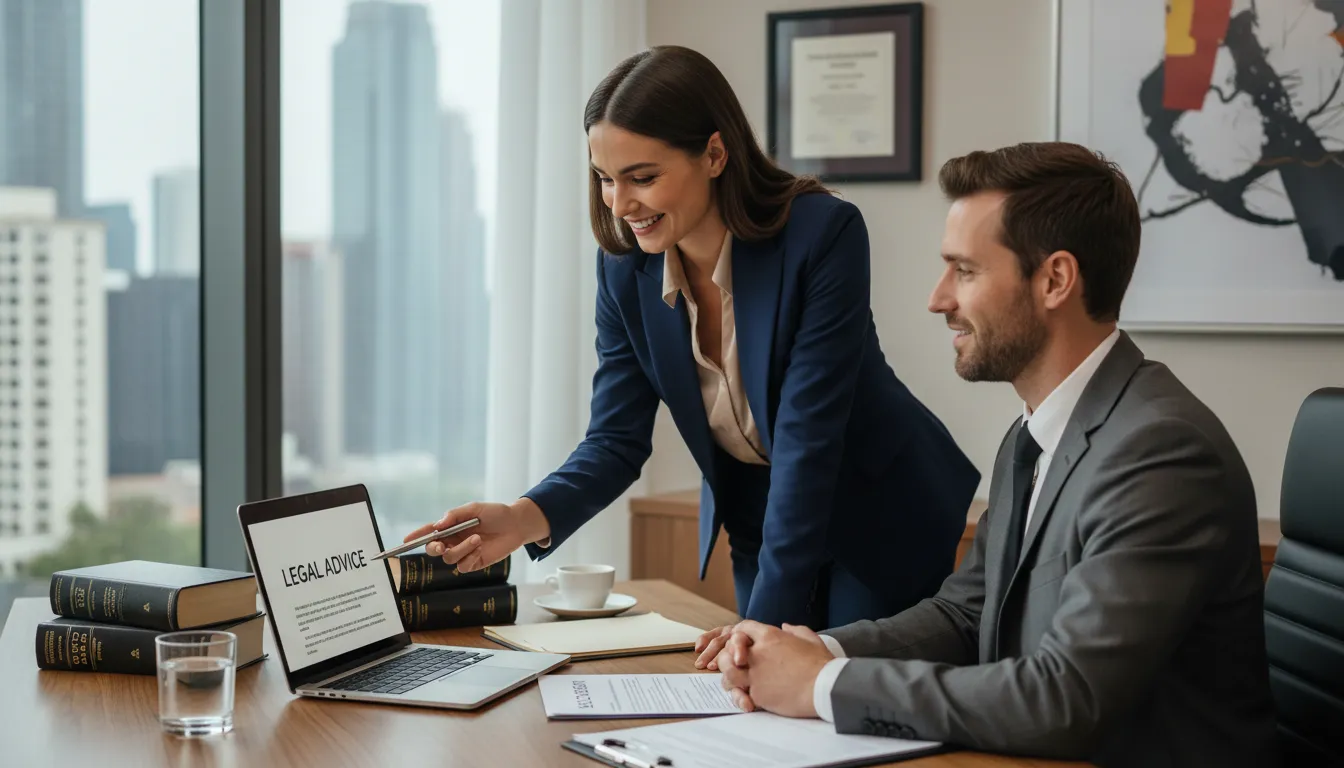 Juiz avaliando pedido de reabilitação criminal em sala de audiência, advogado e cliente em diálogo